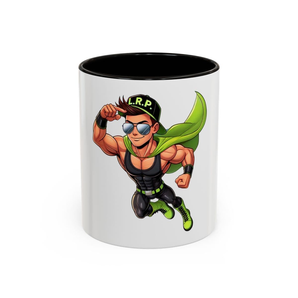 Lake Ride Pros Superhero Mug (11oz/15oz) — Colorful Coffee Cup with 'LRP' Mascot
